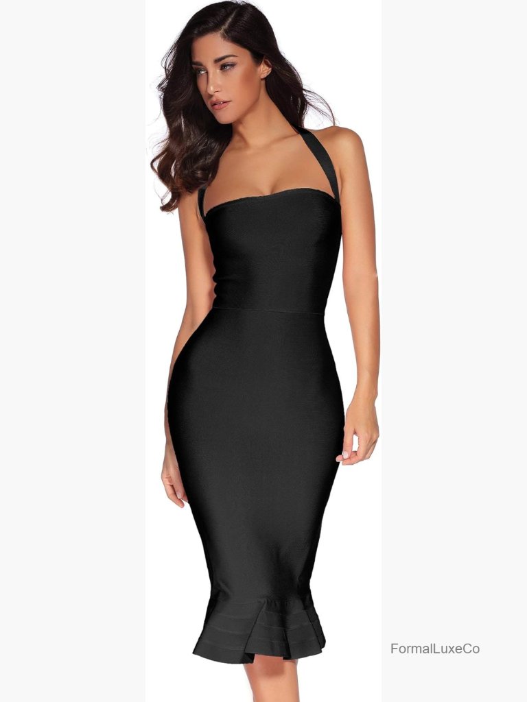 Halter Fishtail Bandage Party Dress Midi Bodycon Wedding Guest Formal